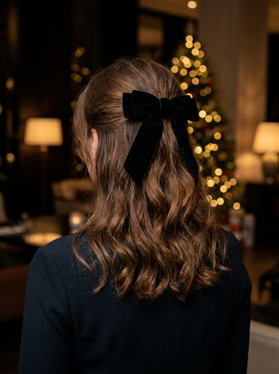 Half-Up mit schwarzer Samtschleife - Silvester Frisuren mittellang